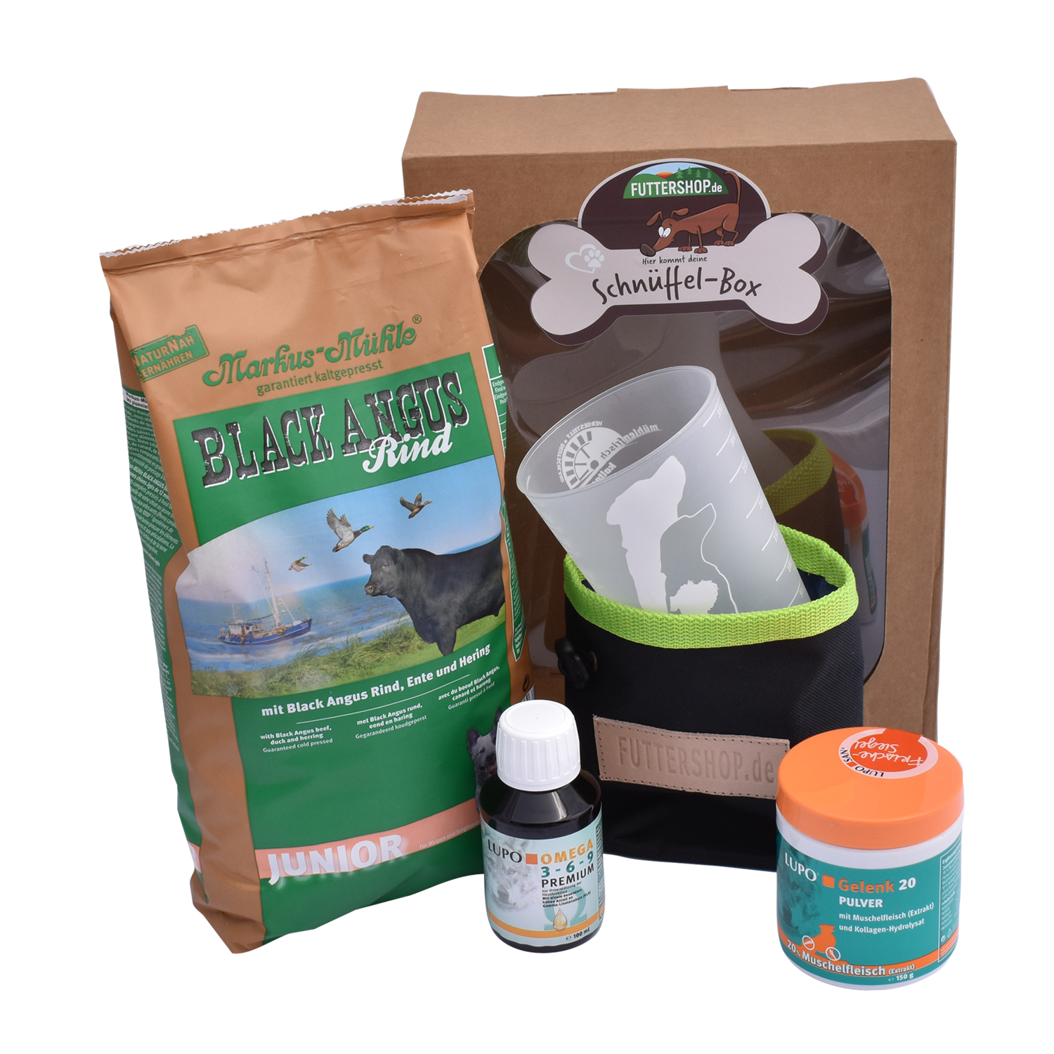 Schnüffel-Box Black Angus Junior 1,5kg + 100ml LUPO Omega 3-6-9 PREMIUM + 150g LUPO Gelenk