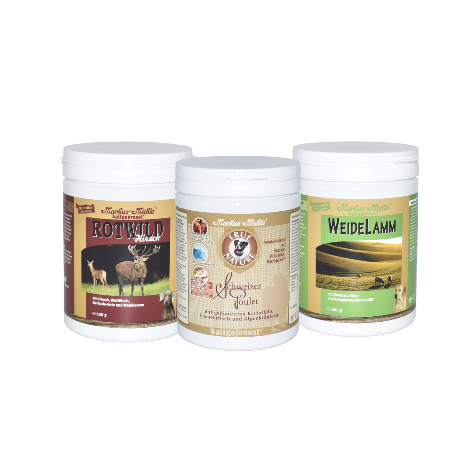 Markus-Mühle Schnupper-Set 3 x je 600 g ROTWILD Hirsch, WEIDELAMM, TRUE NATURE