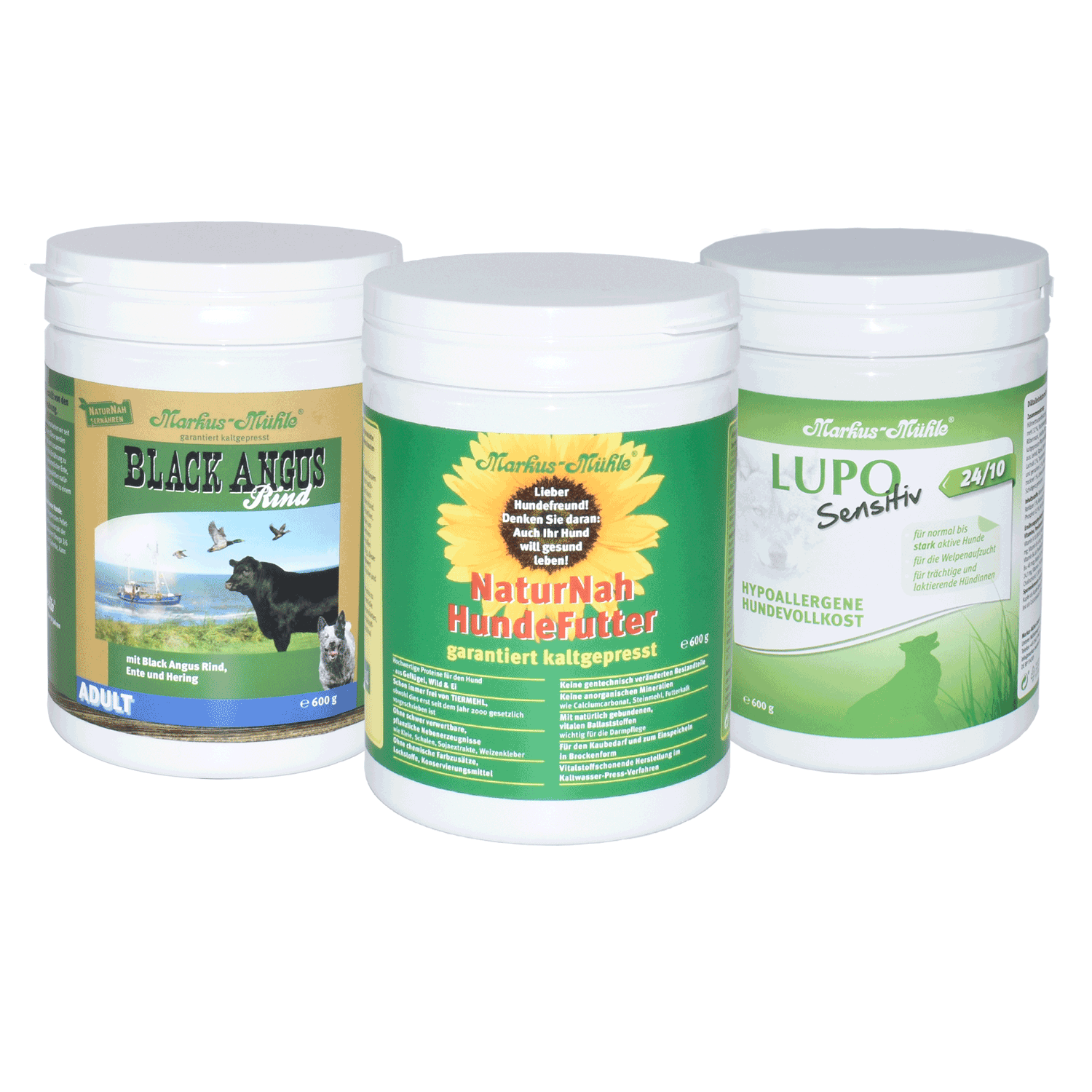Markus-Mühle Schnupper-Set 3 x je 600 g NaturNah, BLACK ANGUS ADULT, LUPO Sensitiv 24/10