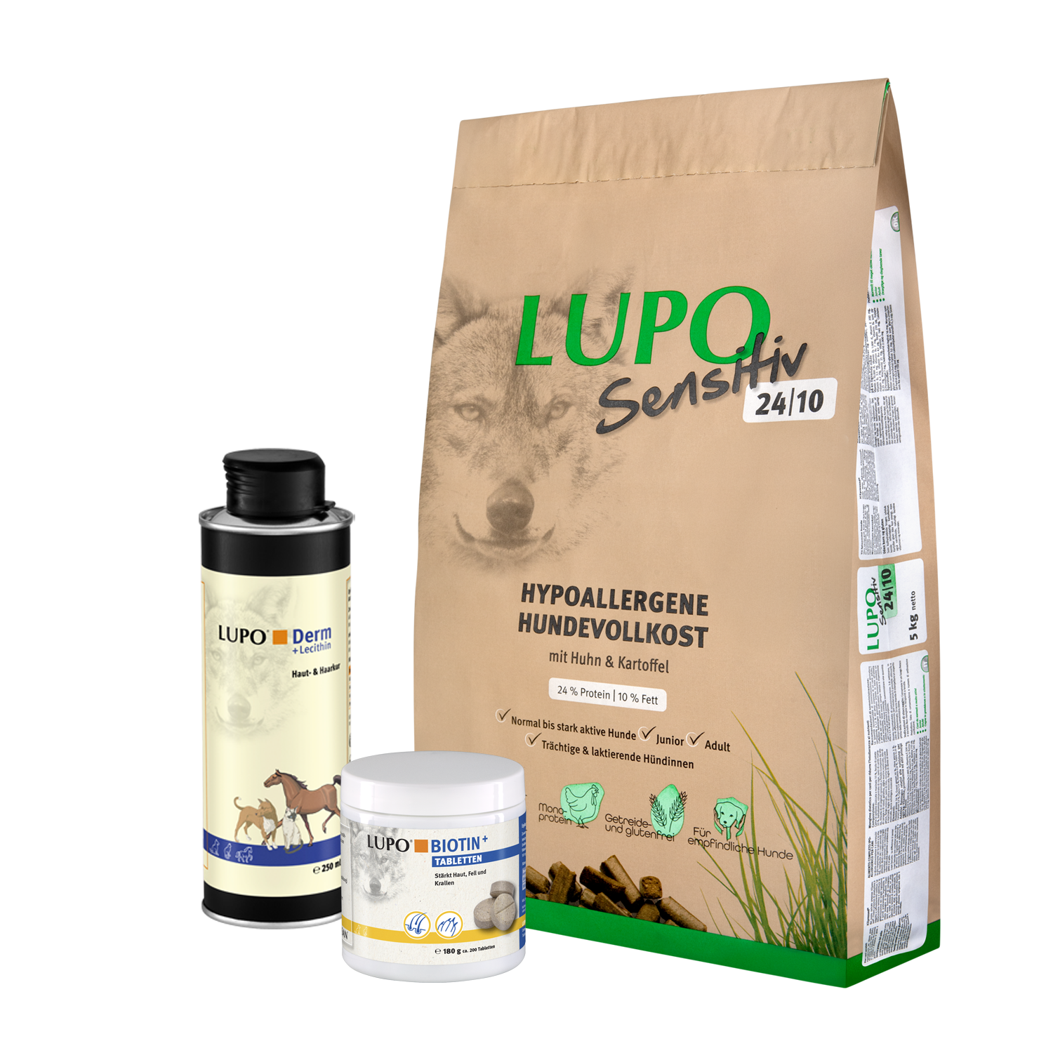 Saison-Paket LUPO Sensitiv 24/10 15 kg + LUPODerm 250 ml + LUPO Biotin+ 180 g