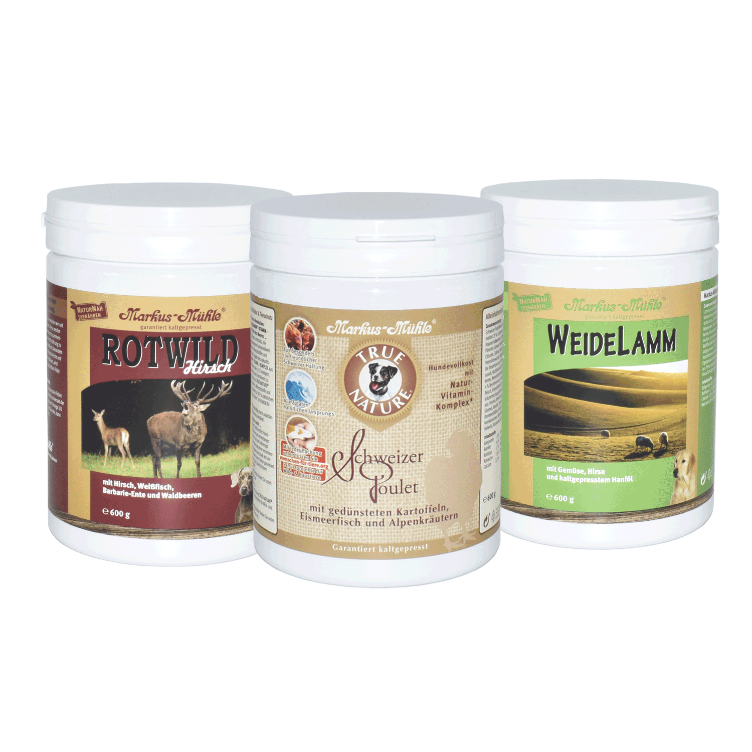 Markus-Mühle Schnupper-Set 3 x je 600 g ROTWILD Hirsch, WEIDELAMM, TRUE NATURE