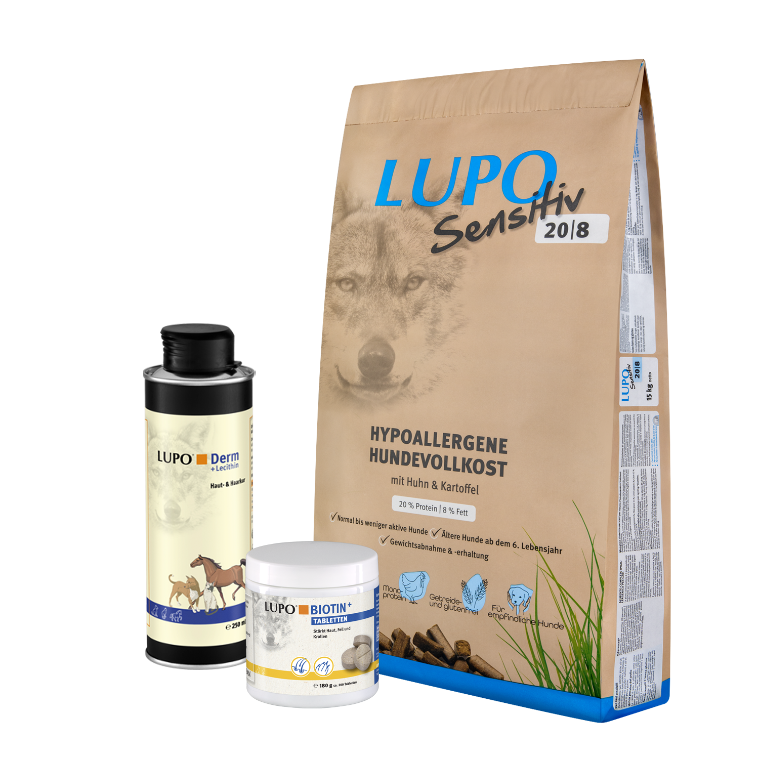 Saison-Paket LUPO Sensitiv 20/8 15 kg + LUPODerm 250 ml + LUPO Biotin+ 180 g