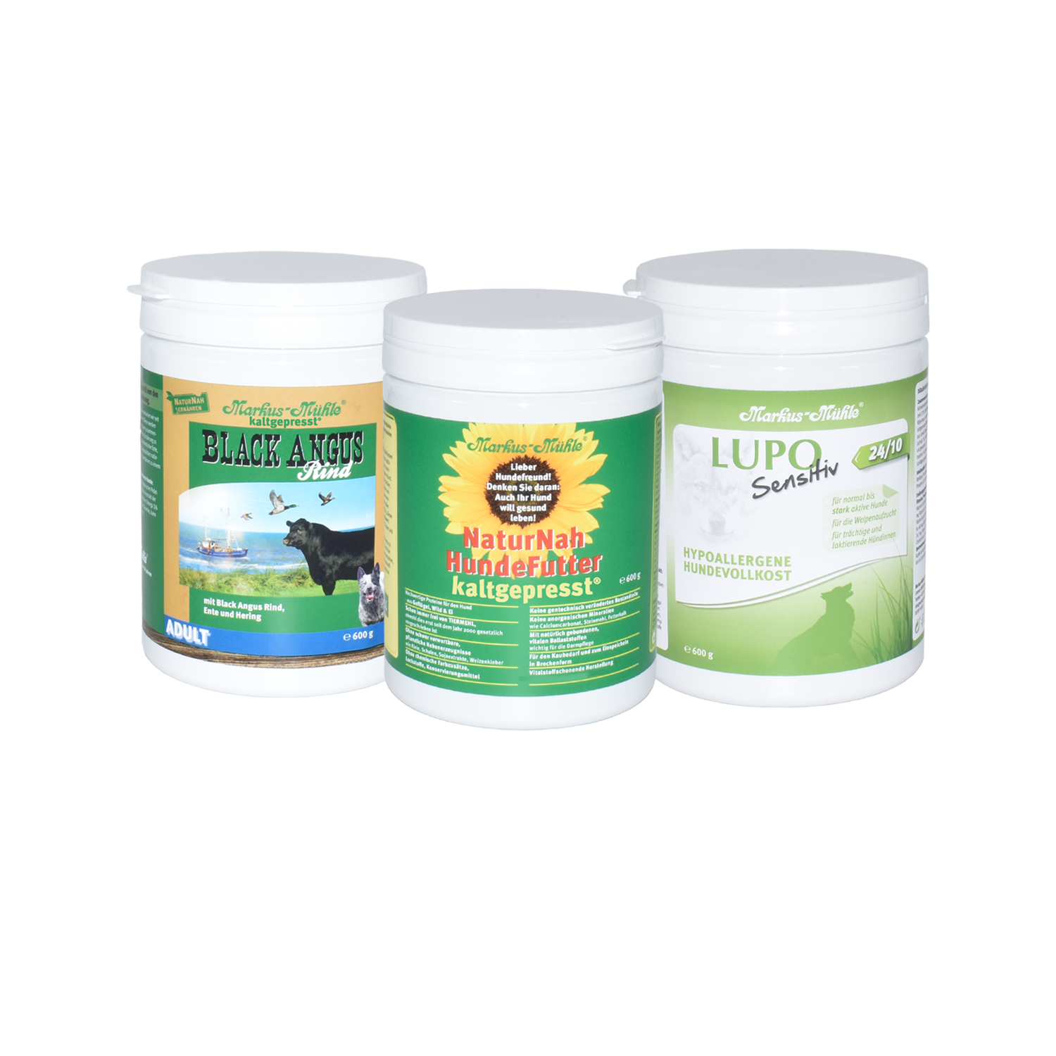 Markus-Mühle Schnupper-Set 3 x je 600 g NaturNah, BLACK ANGUS ADULT, LUPO Sensitiv 24/10
